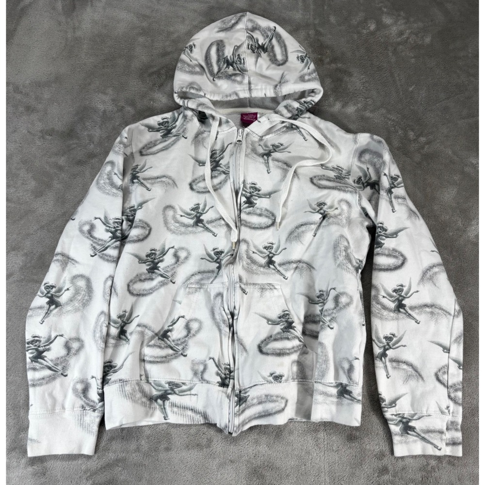 Disney Tinkerbell Hoodie Women XL White Zip Up‎ All Over Print Sketch Good